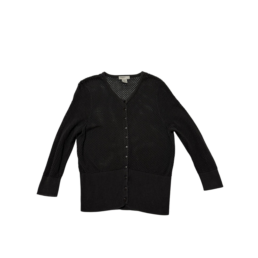 Designers Originals Black Mesh Knit Cardigan Sweater Petite Medium PM Cotton